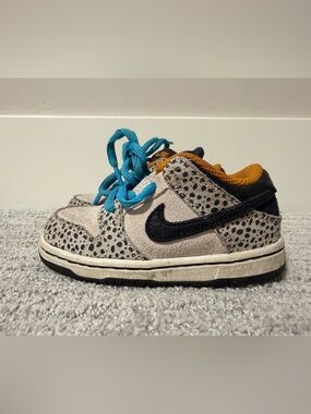 Nike SB Dunk Low Sneaker Gray Black Orange Blue Suede Animal Print 7C Toddler